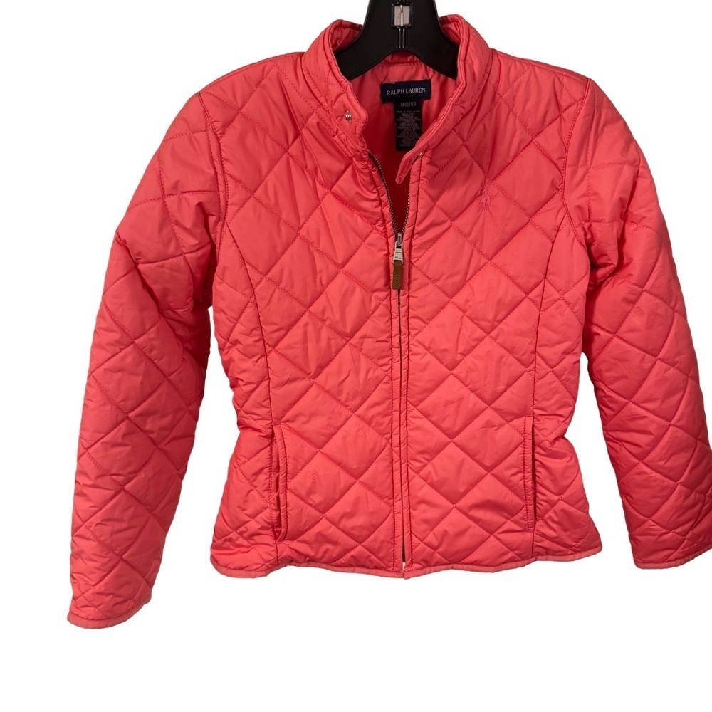 Ralph Lauren Girls Quilted Jacket Pink Zip Up Snap Collar Sz 8-10
